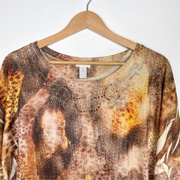 Chicos size 2 ( L / 12) mixed media Animal print blouse w/ 3/4 ruched sleeves - Picture 7 of 7